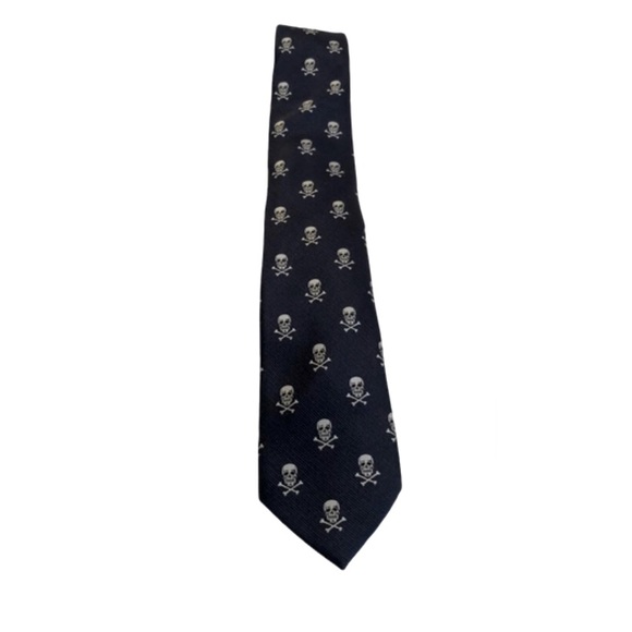Kids - Land’s End Navy Blue Embroidered With Silver Skull And Crossbones Tie - Picture 3 of 8